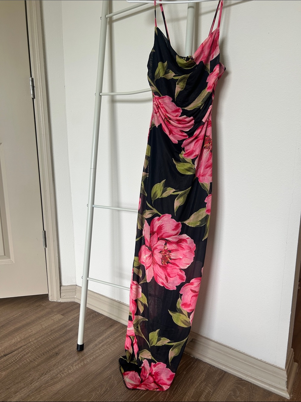 Persaya Black Maxi Dress with Pink Floral Print